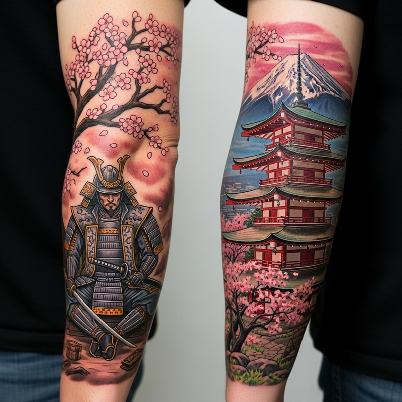 Detailed Samurai Tattoo Design with Cherry Blossom Tree and Temple