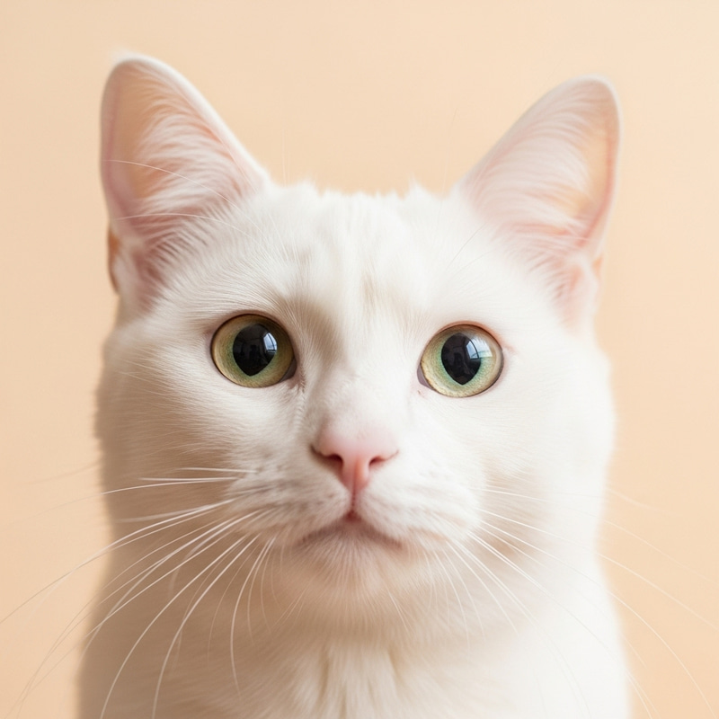 Tranquil White Cat Face on Soft Orange Background Tranquil White Cat Face on Soft Orange Background