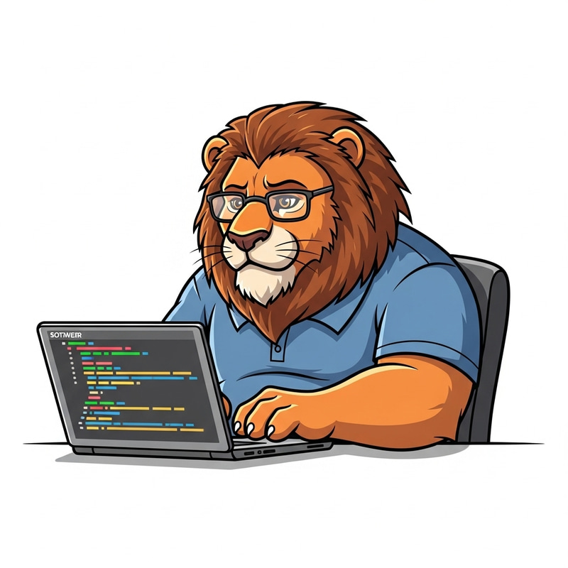 Courageous Lion Software Developer in Glasses Coding Artwork