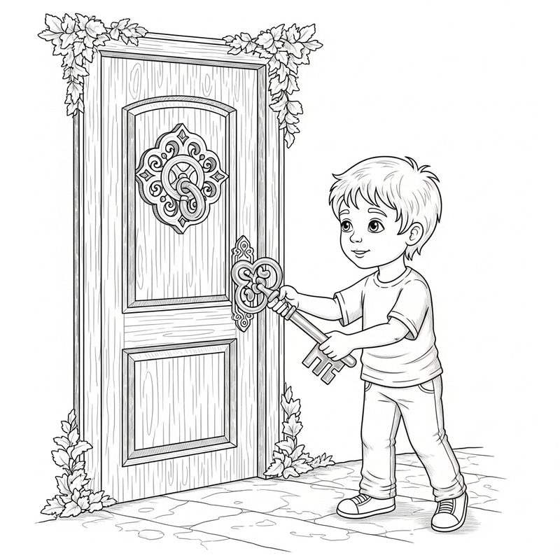 Child Unlocking Imaginary Door Coloring Page | Key Adventures Child Unlocking Imaginary Door Coloring Page | Key Adventures