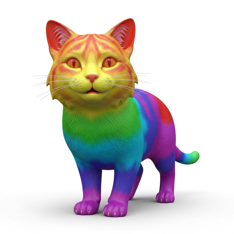 Smiling Rainbow Cat: 3D Feline in Vibrant Rainbow Colors