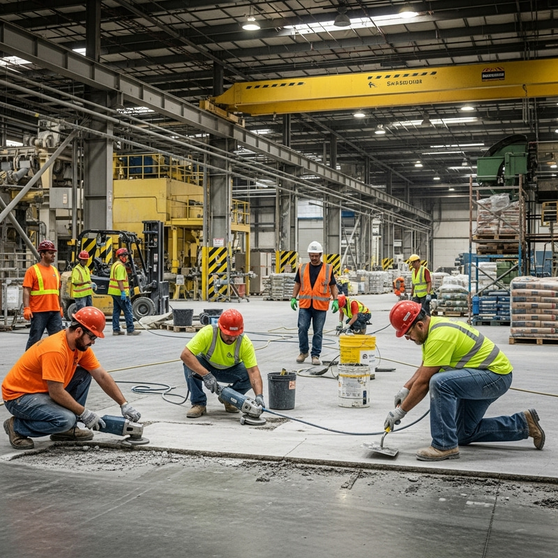 Industrial Floor Repair: Expert Workers Fixing Damages