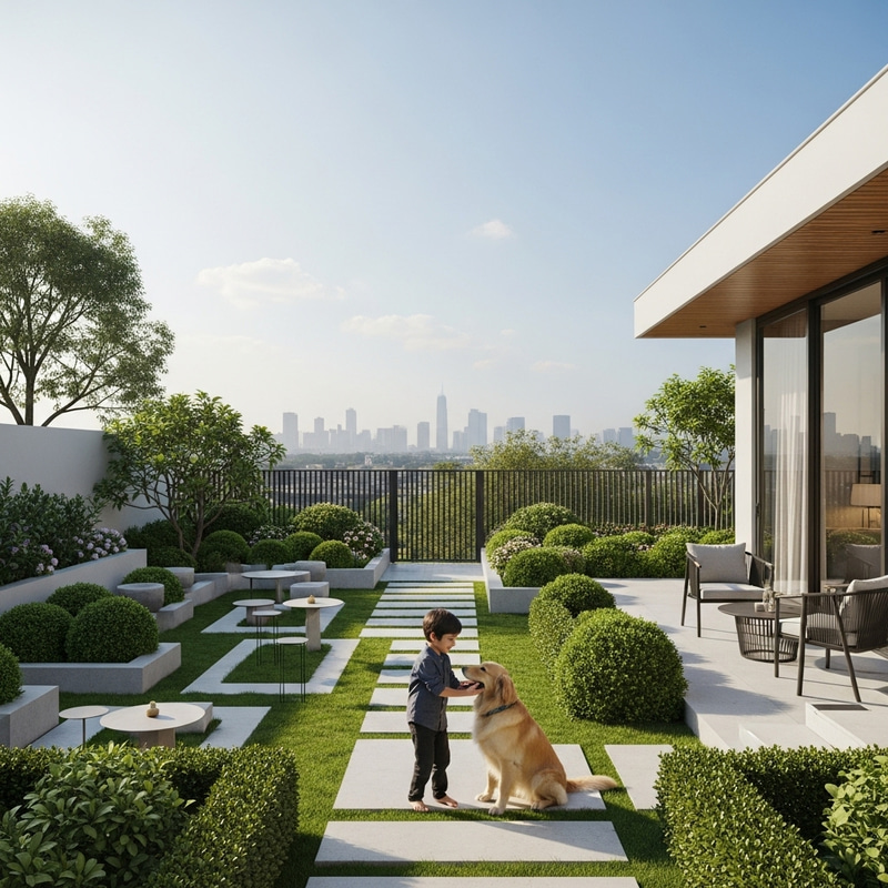 Serene Moment with South Asian Boy and Golden Retriever in Modern Garden