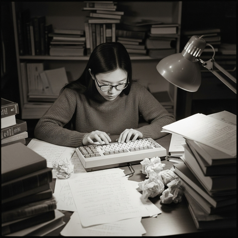 Young Woman Writing in Academic Setting: Nostalgic Vintage Scene