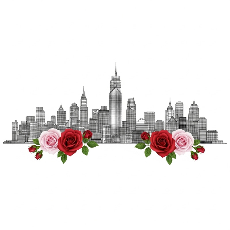 Minimalist Cityscape Silhouette with Realistic Roses Minimalist Cityscape Silhouette with Realistic Roses