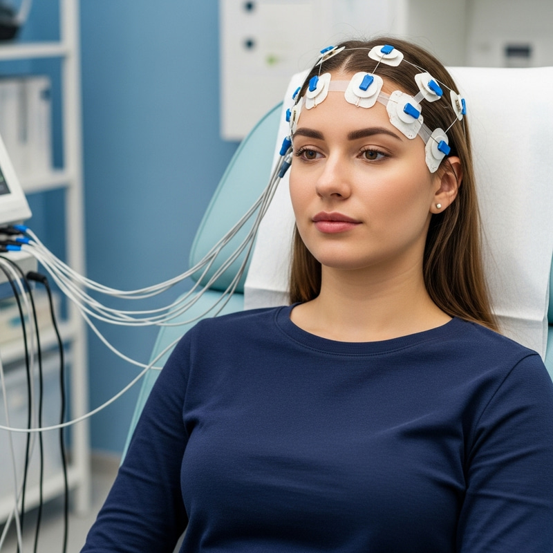 Girl in Medical Chair with ECG Wires - Neurology Examination