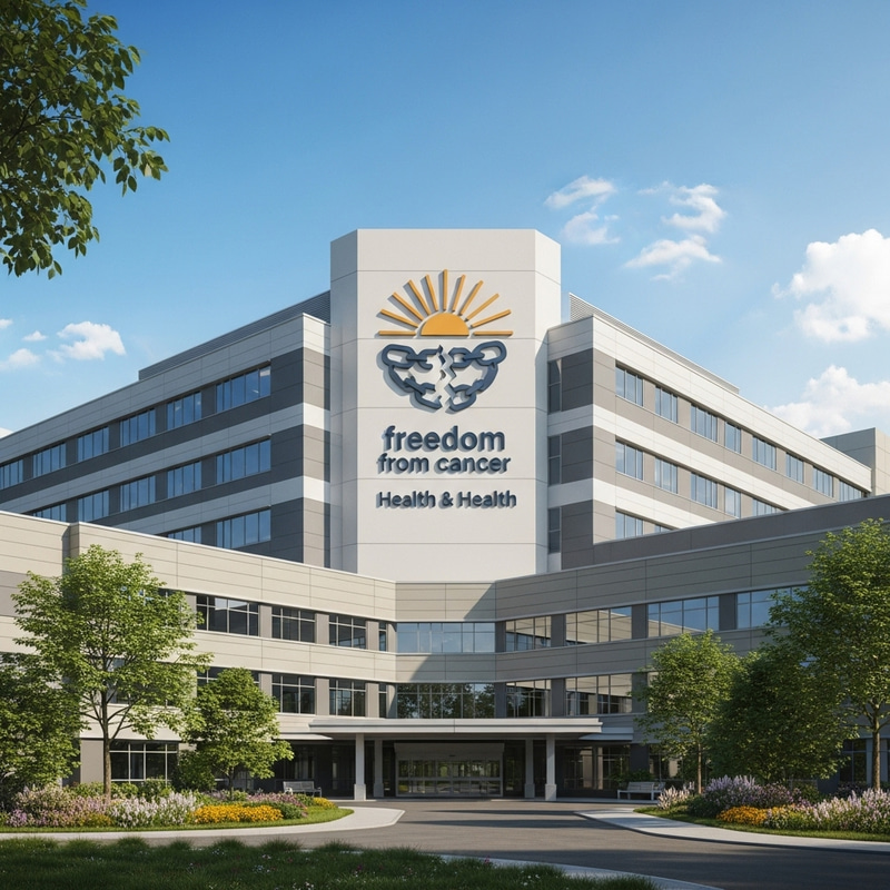 Modern Hospital with Serene Environment and Freedom from Cancer Logo Modern Hospital with Serene Environment and Freedom from Cancer Logo