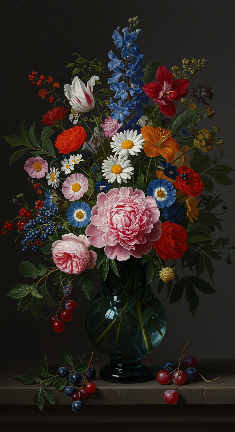 Colorful Bouquet in Blue Glass Vase - Dutch Golden Age Colorful Bouquet in Blue Glass Vase - Dutch Golden Age