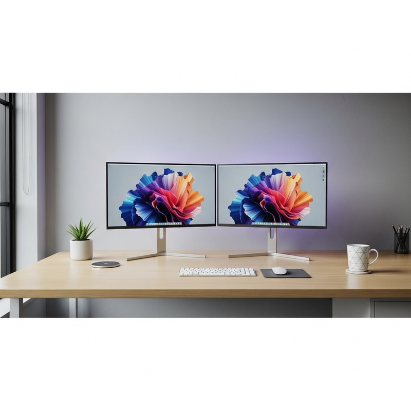 Sleek Modern Office Desk with High-Resolution Monitors Sleek Modern Office Desk with High-Resolution Monitors