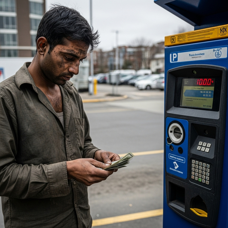 Weary South Asian Man Struggles to Secure Cash for Parking Weary South Asian Man Struggles to Secure Cash for Parking