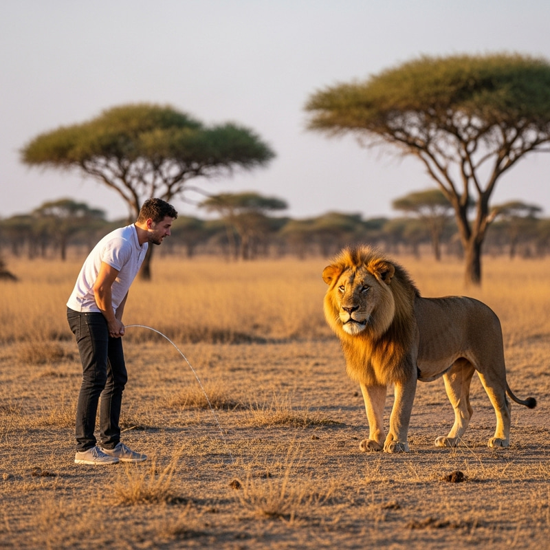 Man vs Lion: Reckless Act of Urinating in the Wild