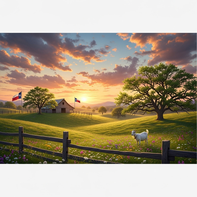 Serene Country Sunset with Oak Trees, Green Hillocks & Texas Influence Serene Country Sunset with Oak Trees, Green Hillocks & Texas Influence