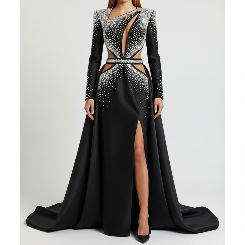 Elegant Black Gown with Shining Crystals | High-Quality Dress
