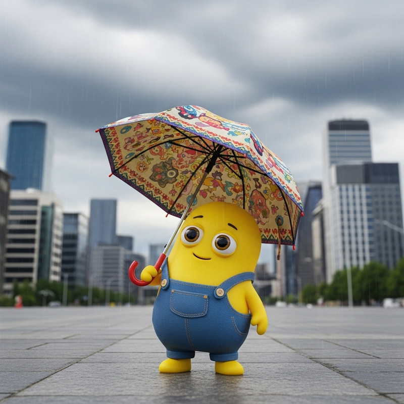 Cheerful Minion with Colorful Umbrella in Cityscape Cheerful Minion with Colorful Umbrella in Cityscape