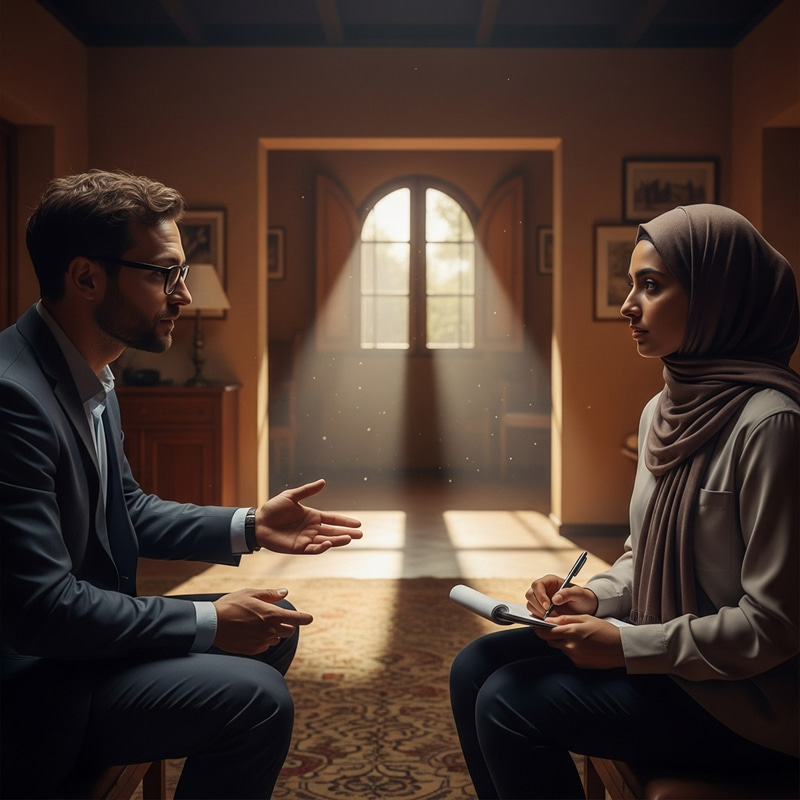 Psychologist Providing Psychological Support to Journalist in Dim Room Psychologist Providing Psychological Support to Journalist in Dim Room