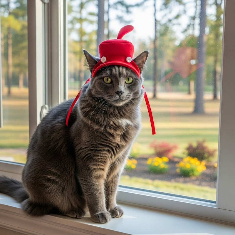 Charming Cat in a Red Cap on a Sunny Window Ledge Charming Cat in a Red Cap on a Sunny Window Ledge