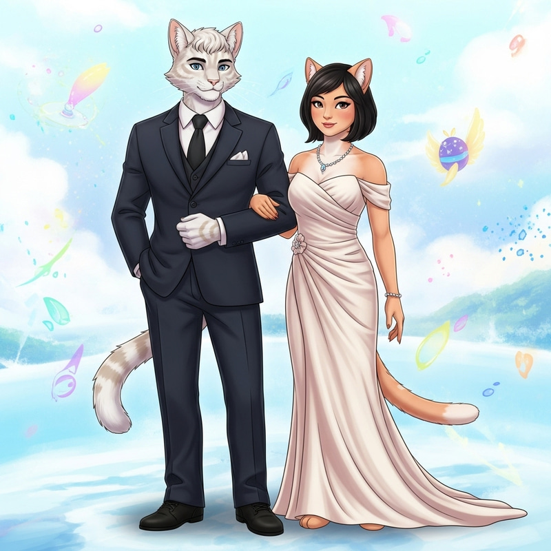 Elegant Feline Humans in Dreamlike Scene