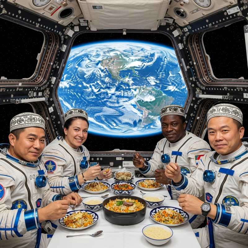 Astronauts Enjoying Uzbek Plov in Space Station Overlooking Earth Astronauts Enjoying Uzbek Plov in Space Station Overlooking Earth