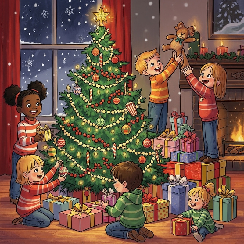 Kids Playing Around Holy Christmas Tree - Joyful Illustration