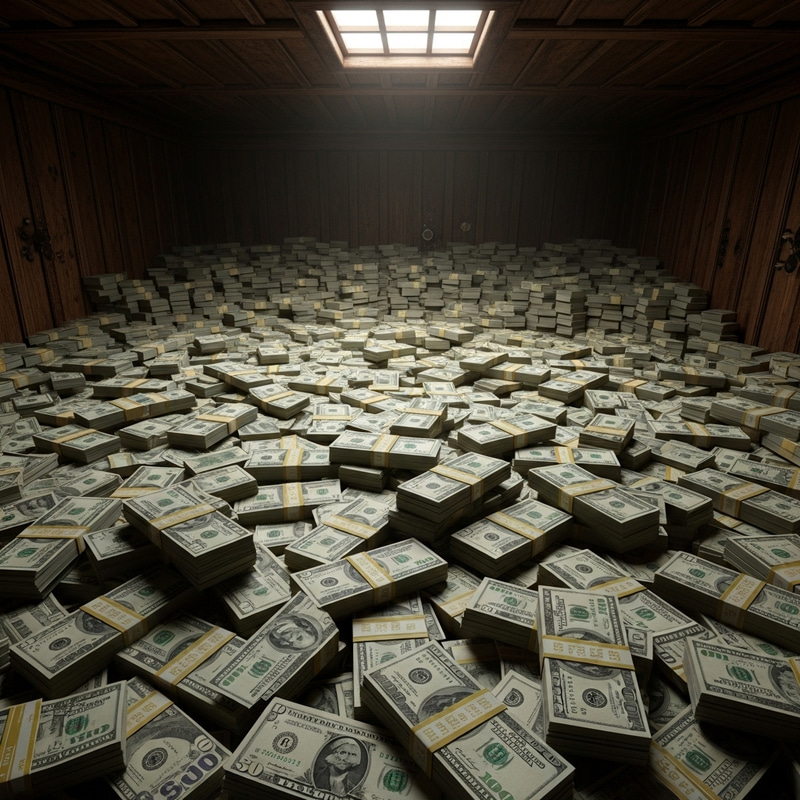 10 Million Dollars Stacked in Wooden Vault: Awe-Inspiring Wealth Visual