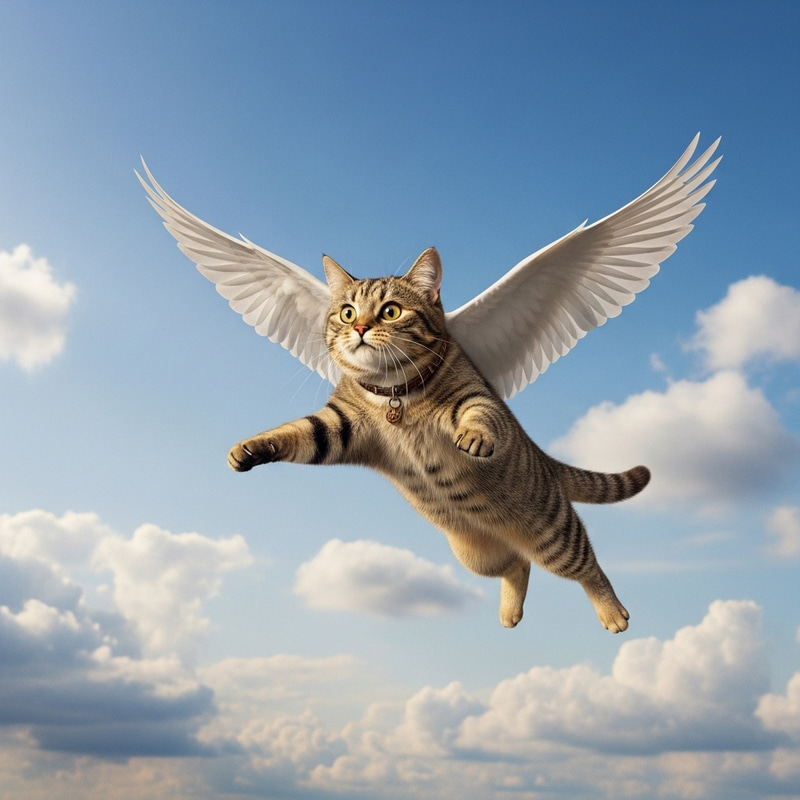 Flying Cat: Whimsical Image of Feline in Flight Flying Cat: Whimsical Image of Feline in Flight