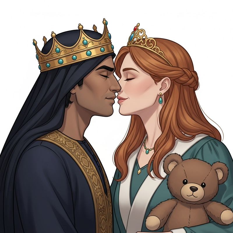 Middle-Eastern King & Red-Haired Queen in Loving Embrace