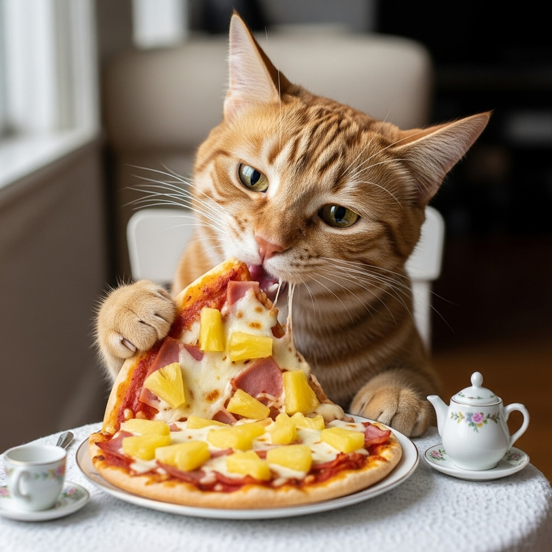 Cat Eating Pineapple Pizza
