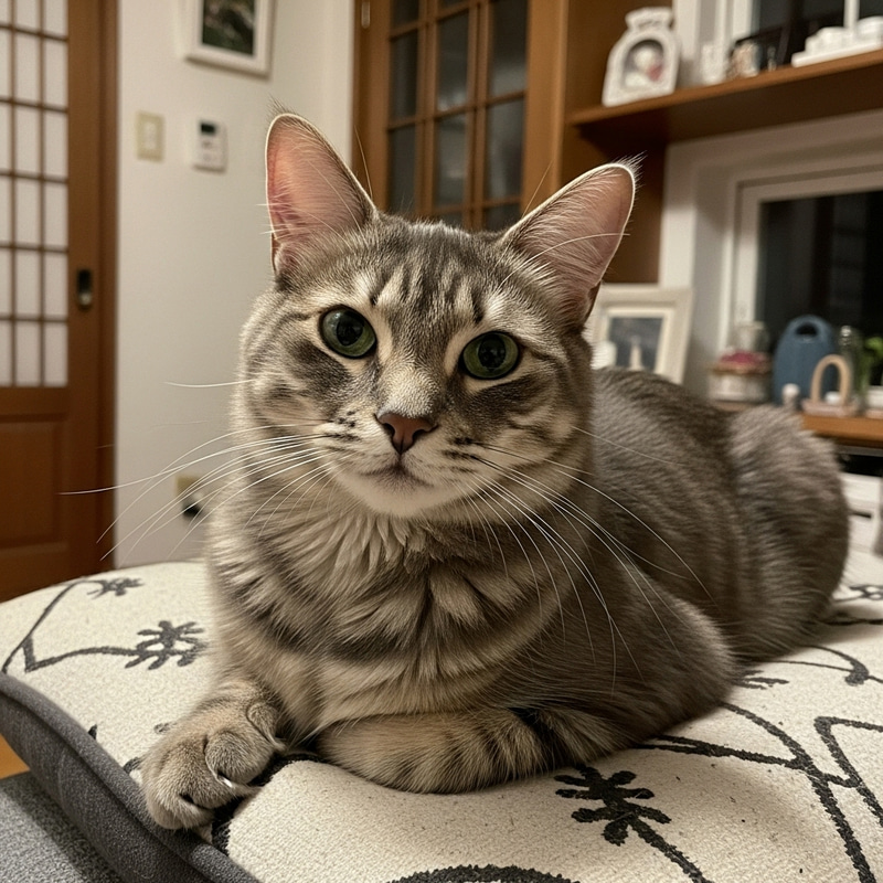 Silky Grey Cat Resting on Plush Cushion Silky Grey Cat Resting on Plush Cushion