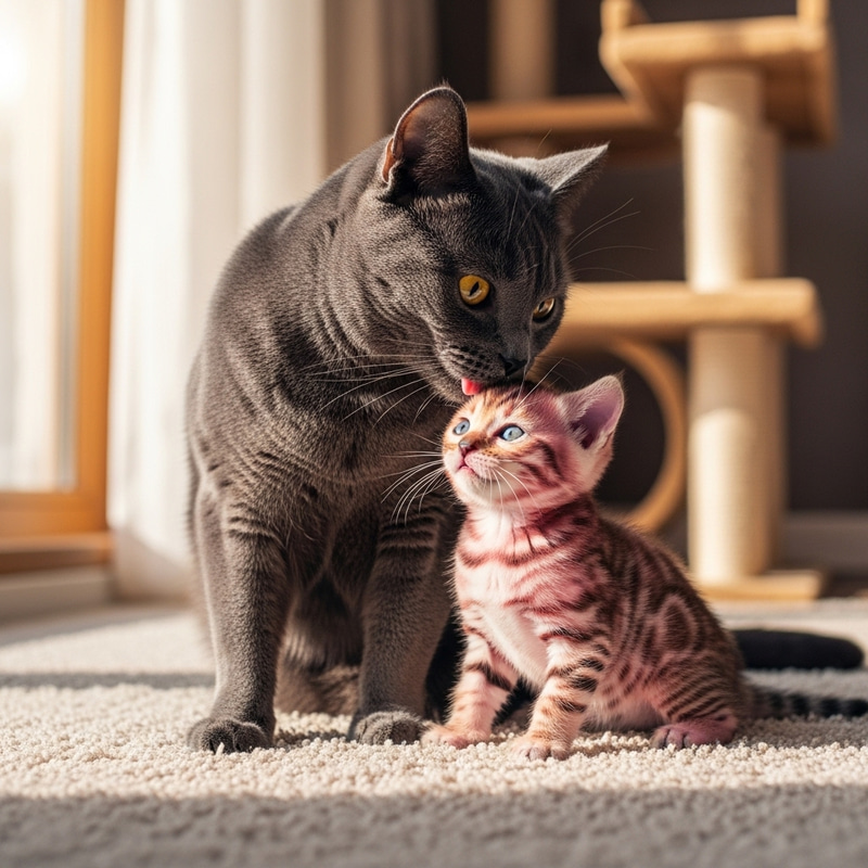 Short-Haired British Cat & Pink Tiger Kitten: Heartwarming Duo Short-Haired British Cat & Pink Tiger Kitten: Heartwarming Duo