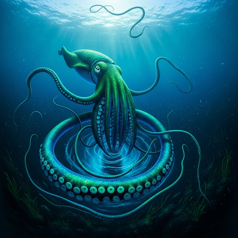 Enormous Squid in Vibrant Underwater Scene