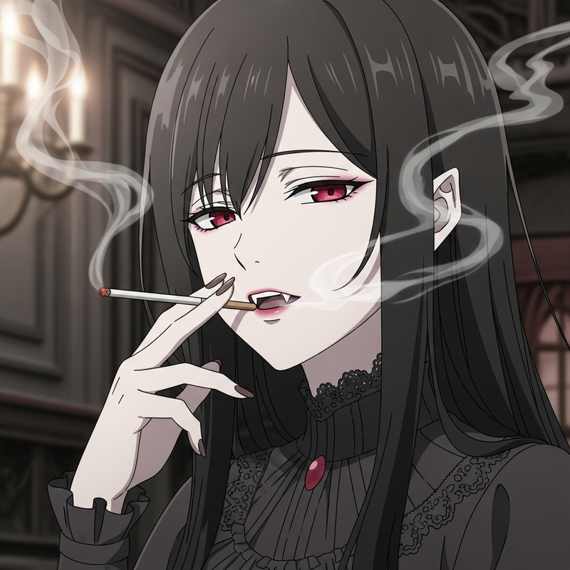 Pretty & Cute Vampire Anime Girl Smoking - Enigmatic Charm