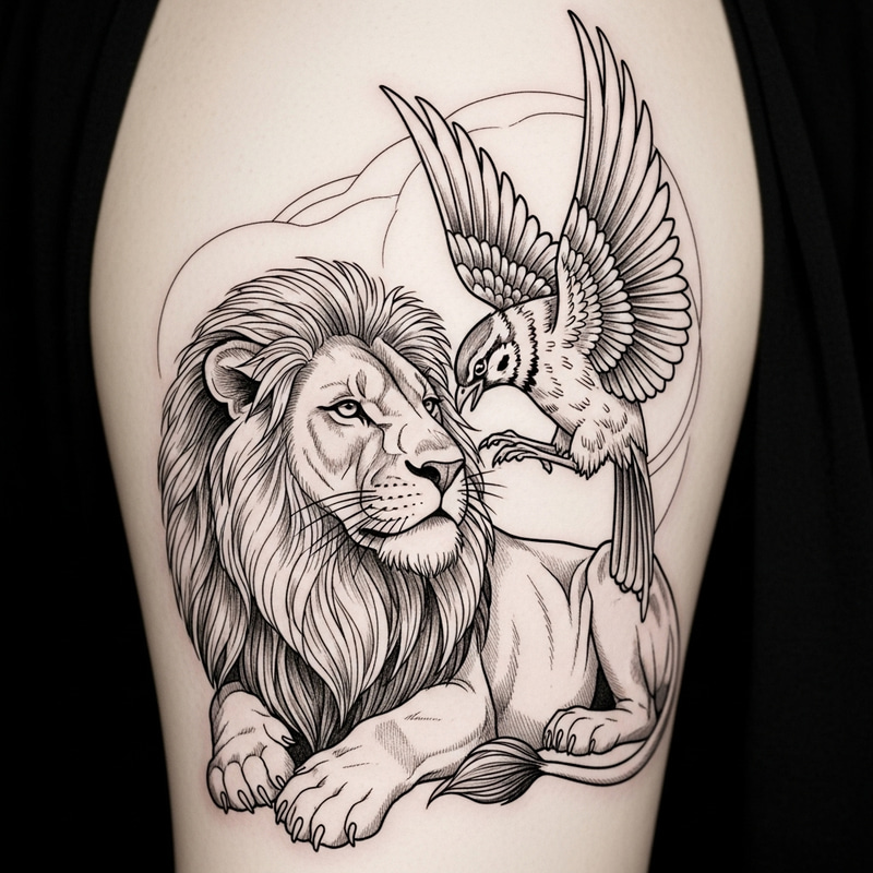 Majestic Lion and Graceful Bird Tattoo Design Majestic Lion and Graceful Bird Tattoo Design