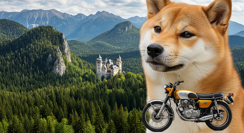 Beautiful Shiba Inu with Honda Motorcycle near Slovak Castle Beautiful Shiba Inu with Honda Motorcycle near Slovak Castle