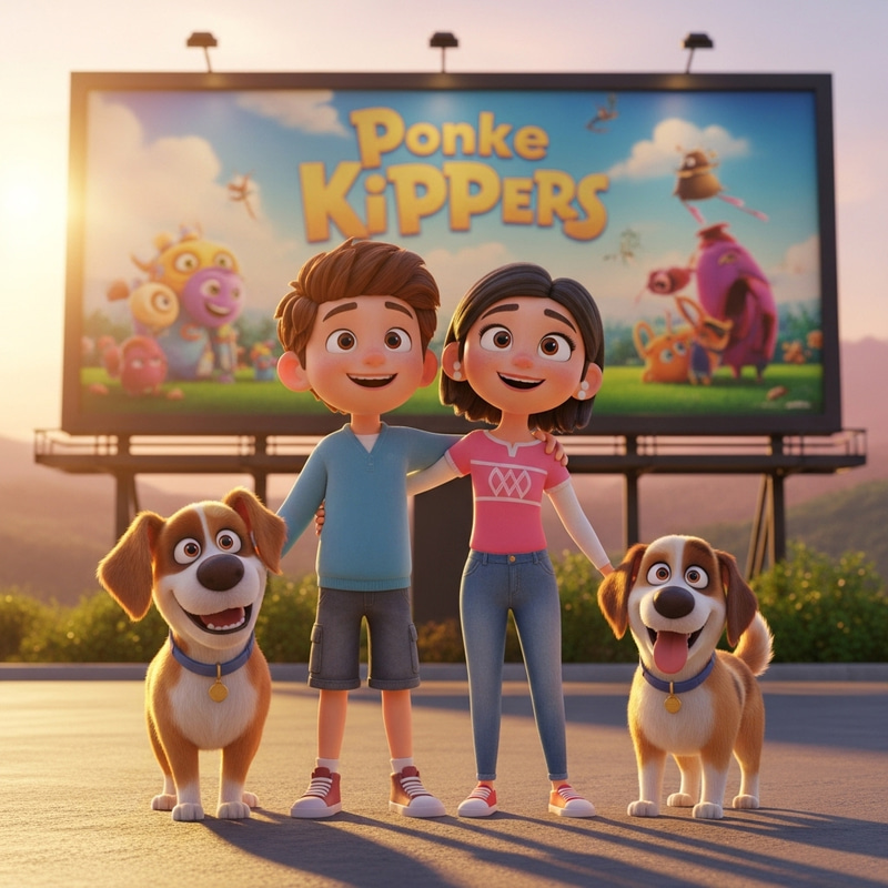 Enchanting Scene of Kids, Pets, and a Billboard in Pixar Style Enchanting Scene of Kids, Pets, and a Billboard in Pixar Style