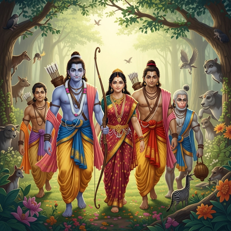 Symbolic Scene from Ramayana: Rama's Joyous Homecoming with Sita, Bharata, and Hanuman Symbolic Scene from Ramayana: Rama's Joyous Homecoming with Sita, Bharata, and Hanuman