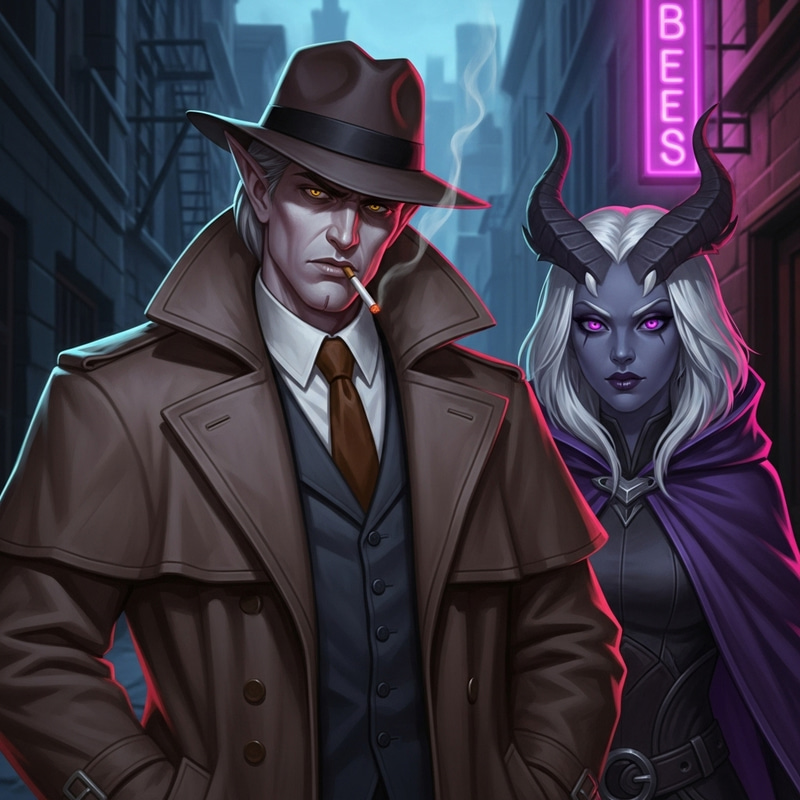 Tiefling Half-Elf Noir Detective Girl | Mystery Scene Tiefling Half-Elf Noir Detective Girl | Mystery Scene