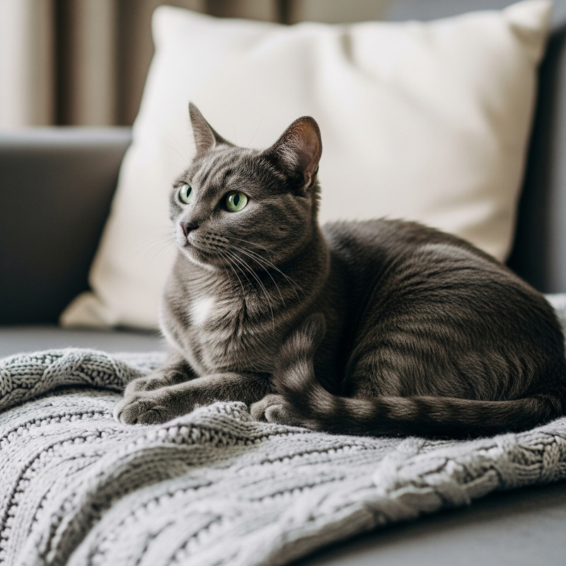 Tranquil Domestic Short-Haired Cat Relaxing on Cozy Couch