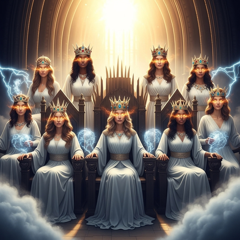 Multicultural Powerful Women in Regal White Gowns on Light-Crowned Thrones Multicultural Powerful Women in Regal White Gowns on Light-Crowned Thrones