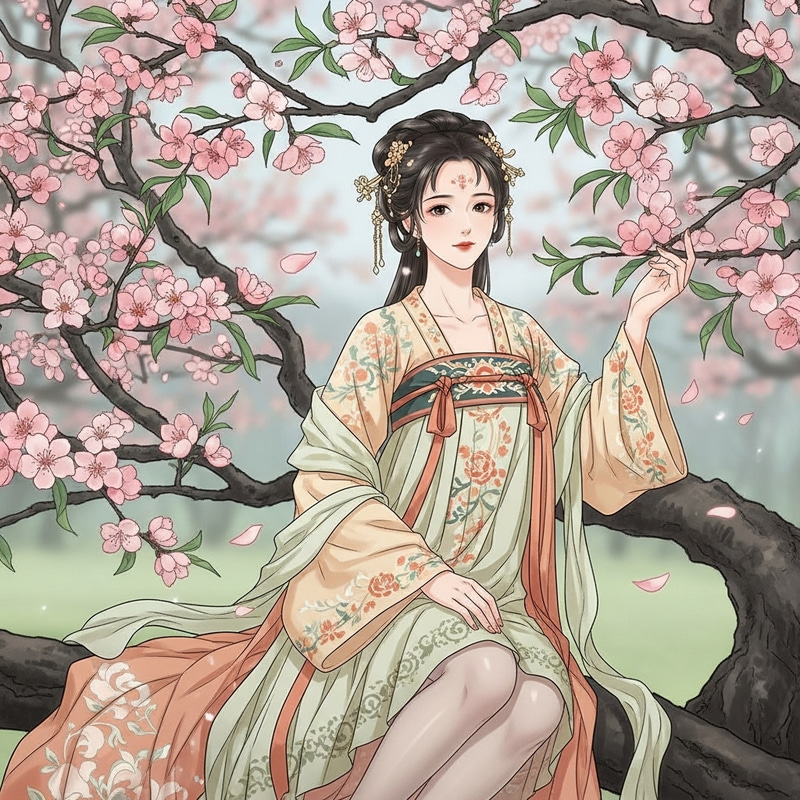 Elegant Hanfu Beauty Sitting under Peach Tree | Anime Style Elegant Hanfu Beauty Sitting under Peach Tree | Anime Style