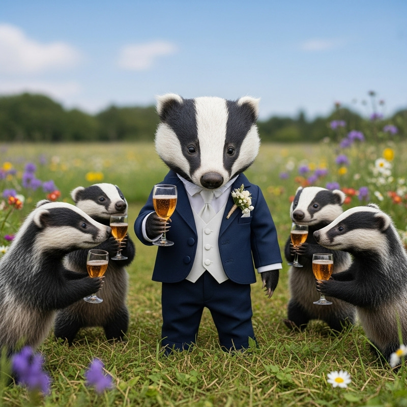 Cute Wedding Badger & Playful Little Ones Toasting Joyfully Cute Wedding Badger & Playful Little Ones Toasting Joyfully