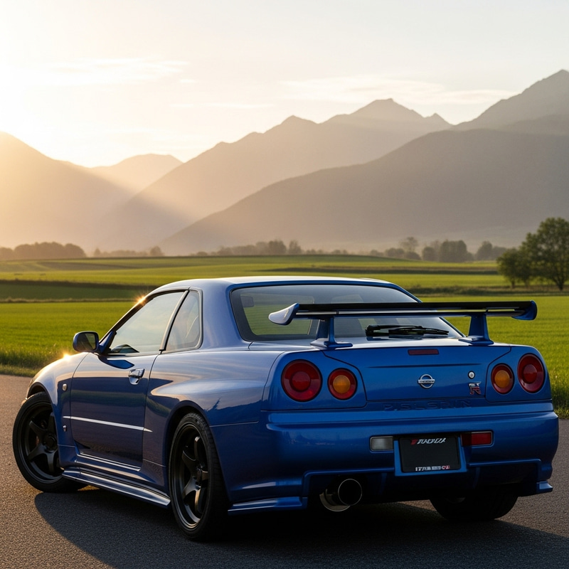 Nissan Skyline R34 Rear View | Fields & Mountains Landscape Nissan Skyline R34 Rear View | Fields & Mountains Landscape
