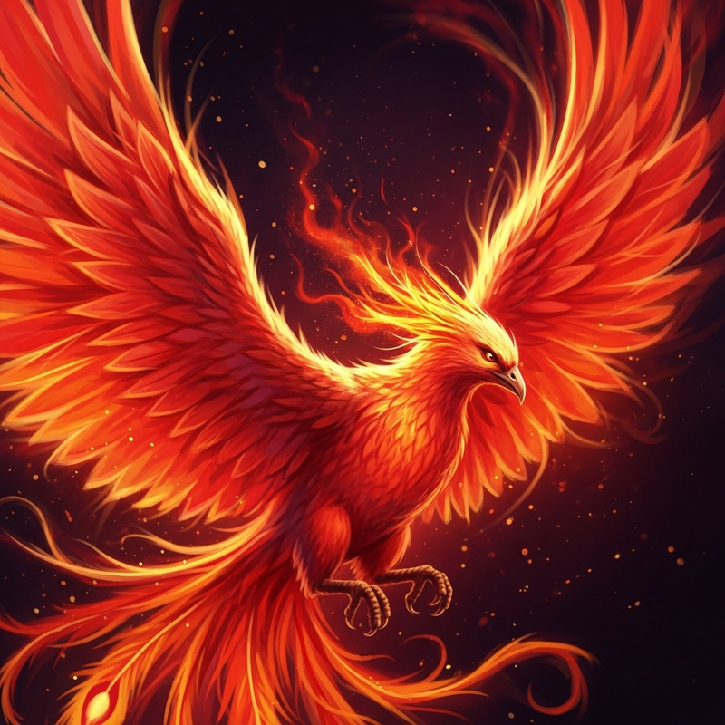 Fiery Phoenix in Majestic Flight: Vibrant Colors & Glowing Feathers Fiery Phoenix in Majestic Flight: Vibrant Colors & Glowing Feathers