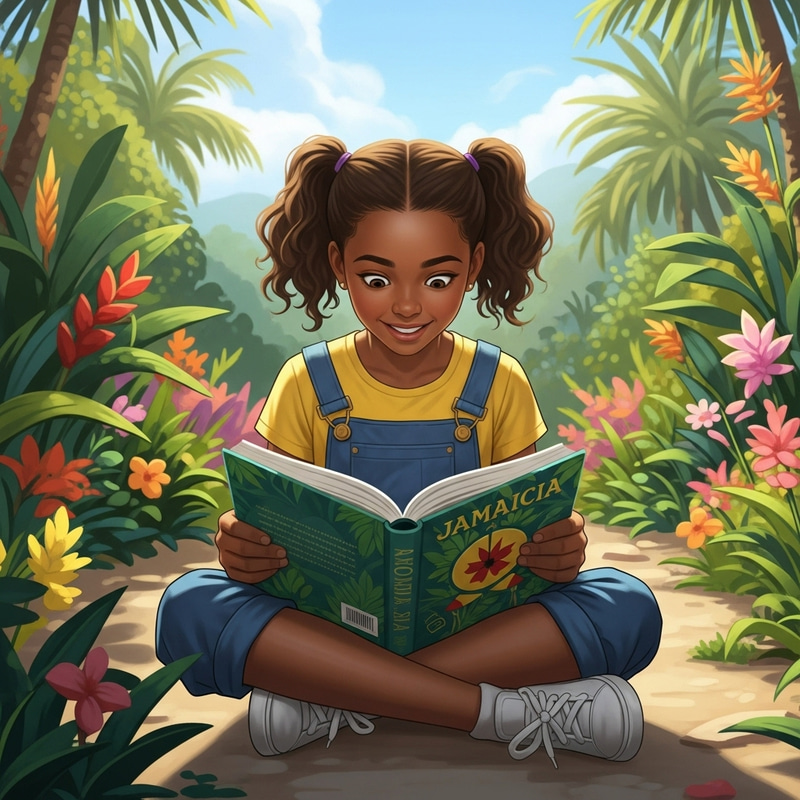 Tranquil Jamaican Girl in Tropical Landscape Reading Book