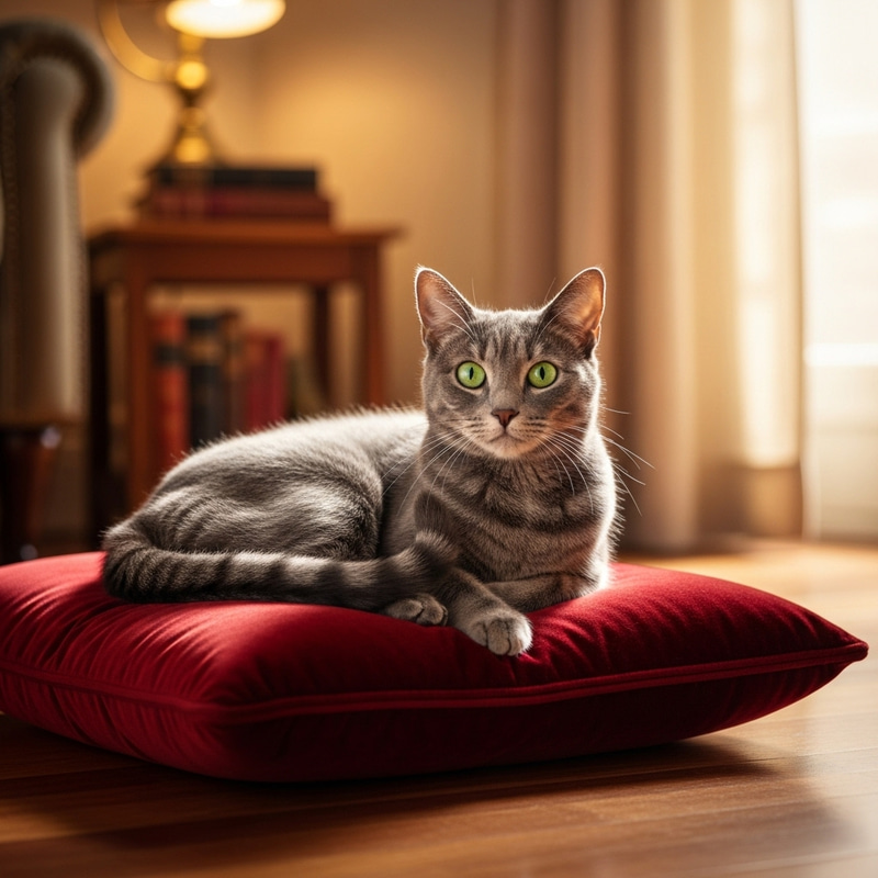 Gray Domestic Cat on Red Cushion Gray Domestic Cat on Red Cushion