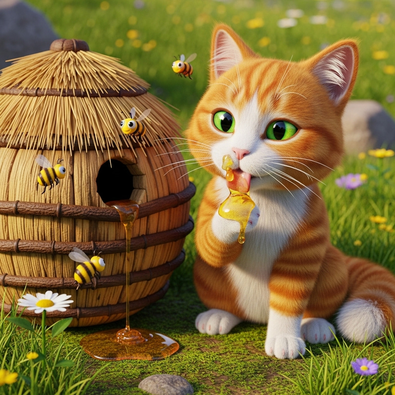 3D Cat Eating Honey Beside Beehive 3D Cat Eating Honey Beside Beehive