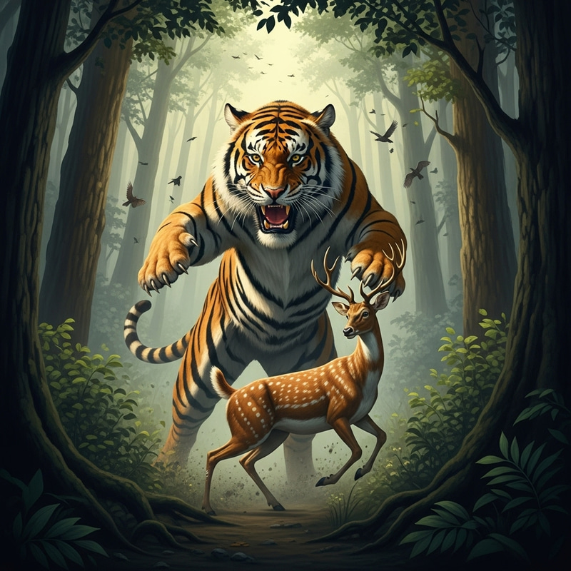 Dramatic Tiger Hunts Deer in Forest Scene