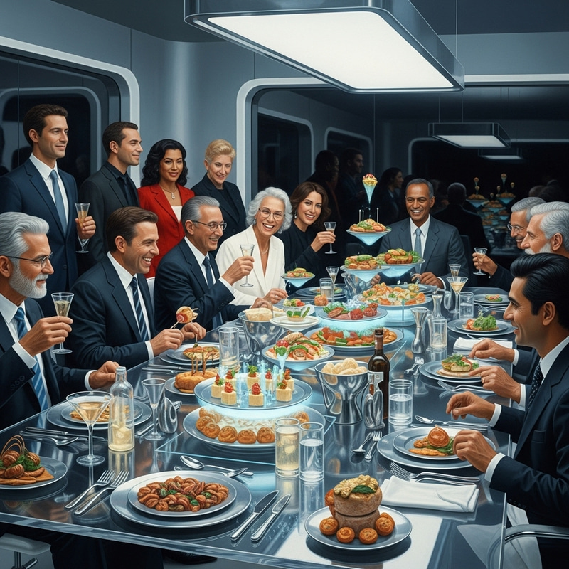 Futuristic Feast in 2050: A High-Tech Dining Experience Captured in Oil Painting Futuristic Feast in 2050: A High-Tech Dining Experience Captured in Oil Painting