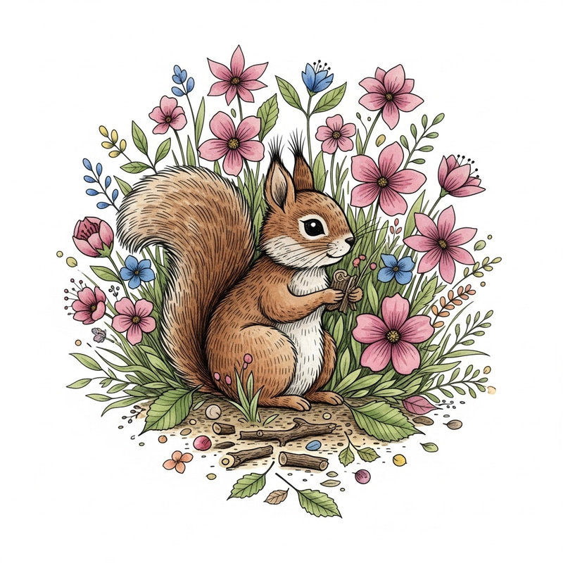 Whimsical Woodland Creature Among Vibrant Flowers - Nature-Inspired Illustration Whimsical Woodland Creature Among Vibrant Flowers - Nature-Inspired Illustration