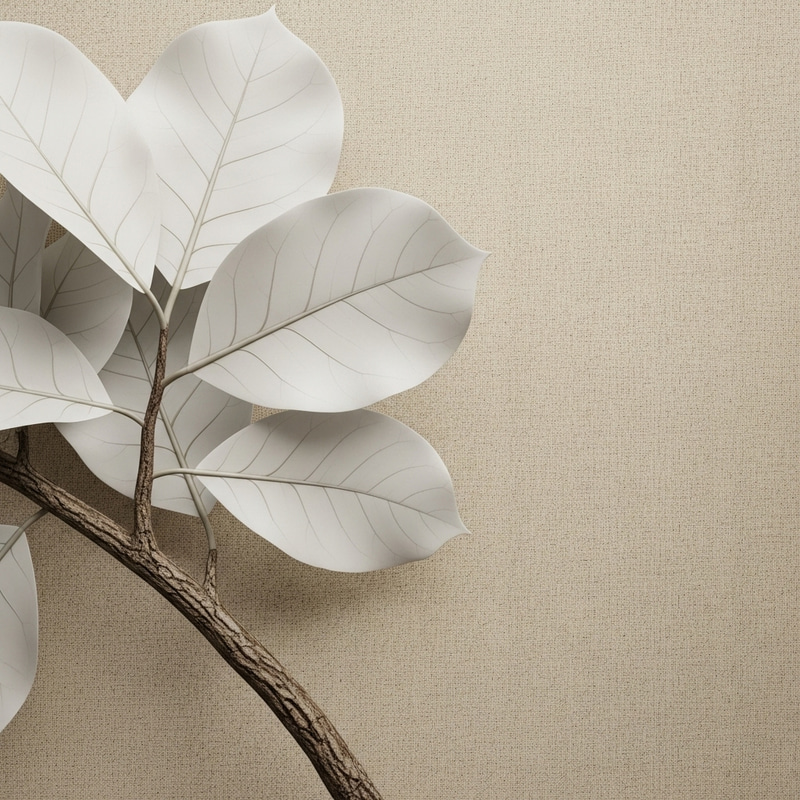 White Large Leaves on Branch, Beige Textured Background White Large Leaves on Branch, Beige Textured Background