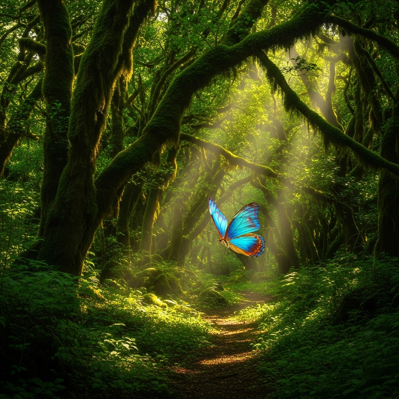 Enchanting Blue and Orange Butterfly Dancing Through Verdant Forest